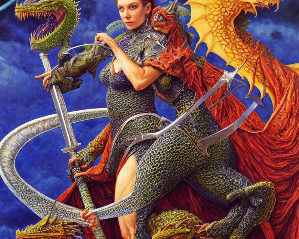 Warrior woman in green armor on red dragon with curved sword