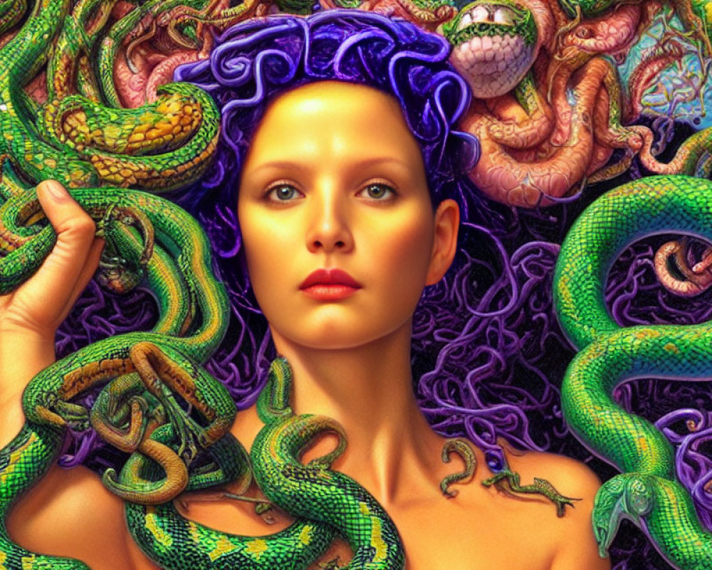 Striking woman surrounded by vibrant green serpents in colorful scene