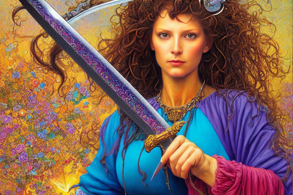 Curly-haired woman with sword in blue and purple dress.