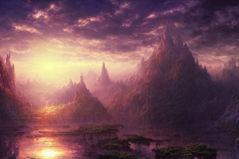 Mystical landscape with towering spires and tranquil water at sunrise