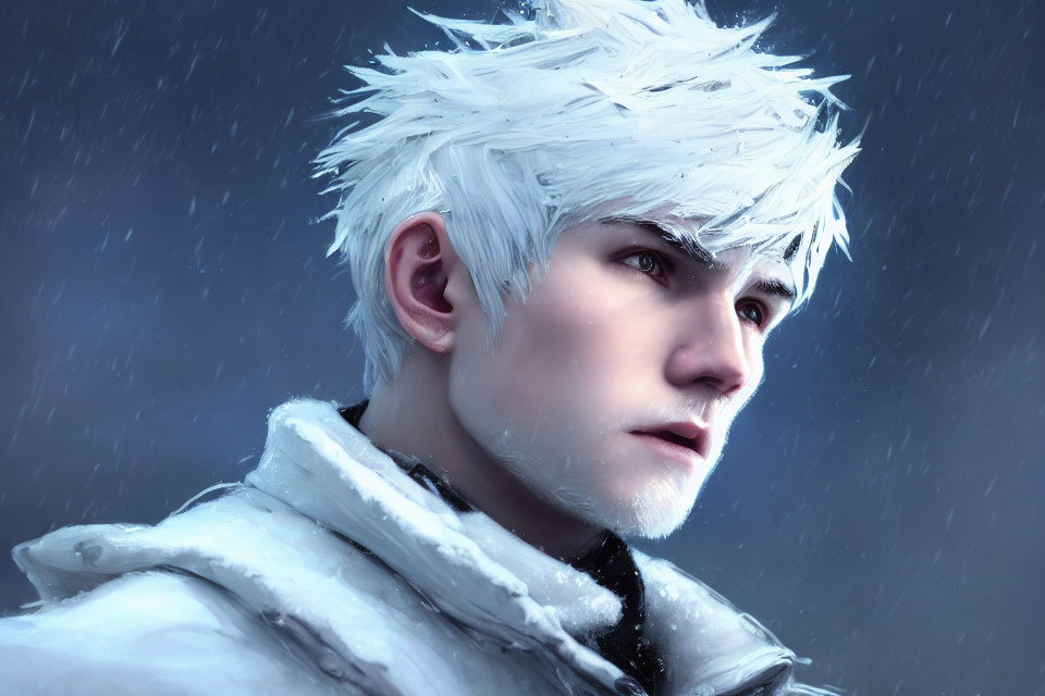 White-Haired Male Character Artwork in Snowy Setting