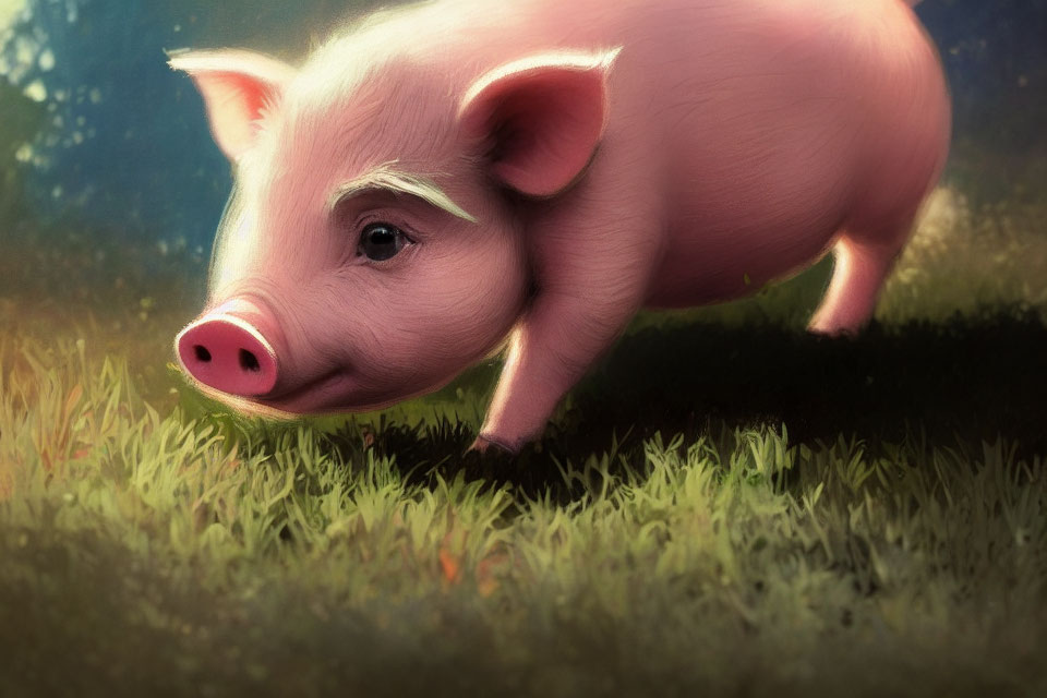 Young pig standing on grass under warm, glowing light