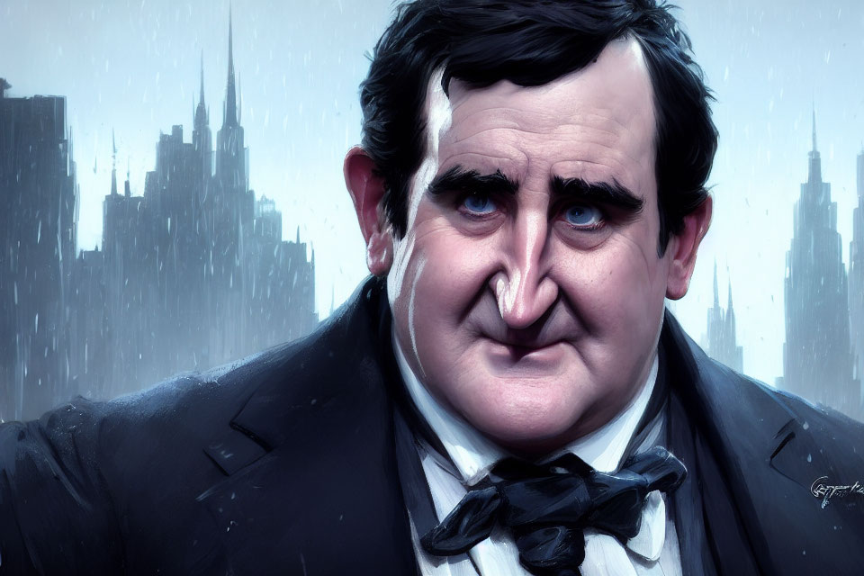 Animated man in black coat and bowtie against cityscape on rainy day