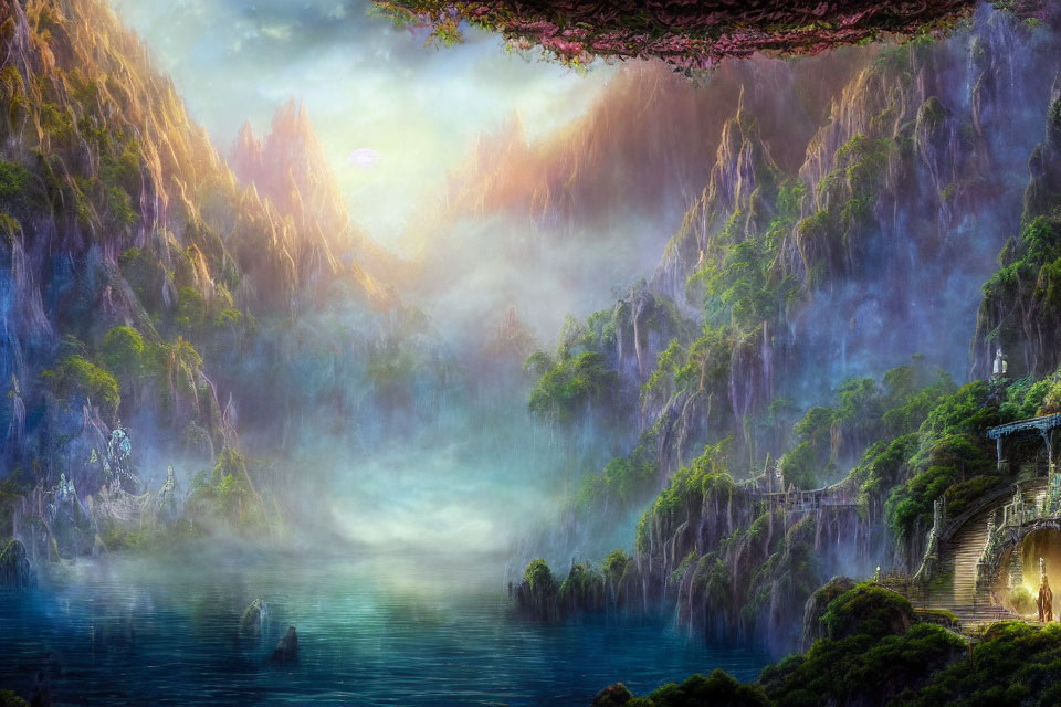 Misty mountain landscape with serene lake and carved cliff stairway