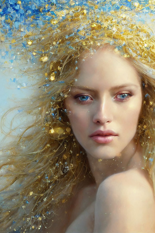 Portrait of Woman with Flowing Blond Hair and Gold & Blue Accents
