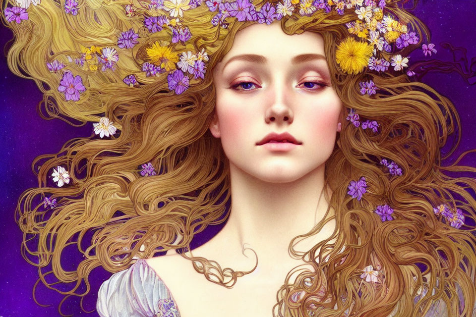 Illustration of woman with long golden hair and flowers on purple background