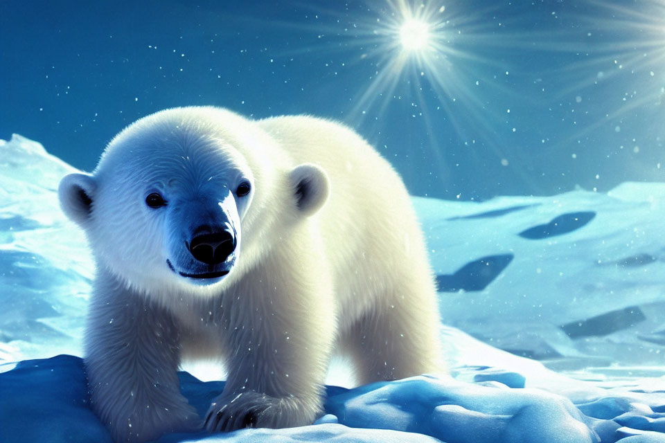 Young Polar Bear in Snowy Landscape Under Clear Blue Sky