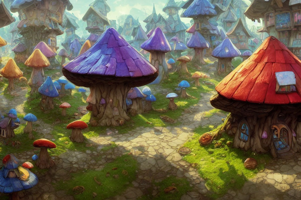 Colorful Mushroom Houses in Whimsical Village Landscape