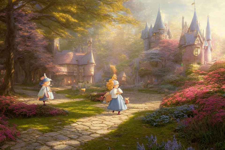 Two animated girls in dresses walking towards a castle in a magical landscape
