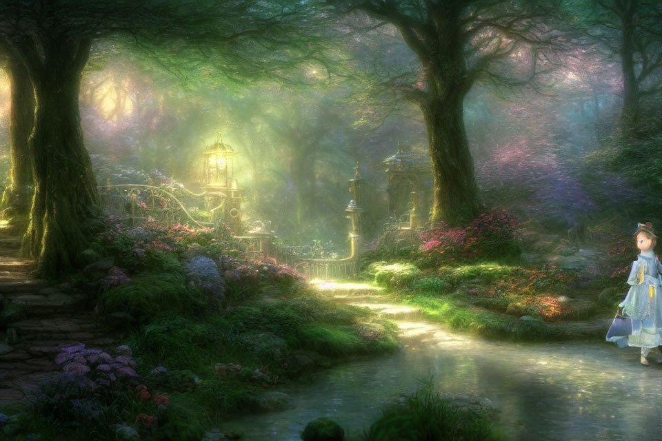 Child in traditional clothing explores mystical forest with colorful flowers and ornate lamps