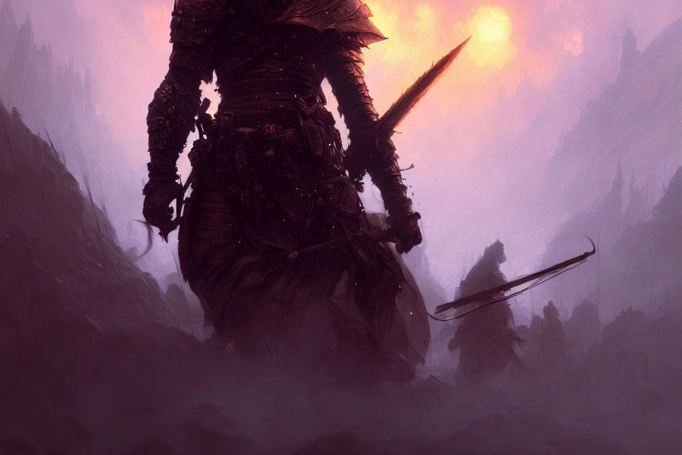 Mysterious figure in dark armor with floating sword in misty landscape