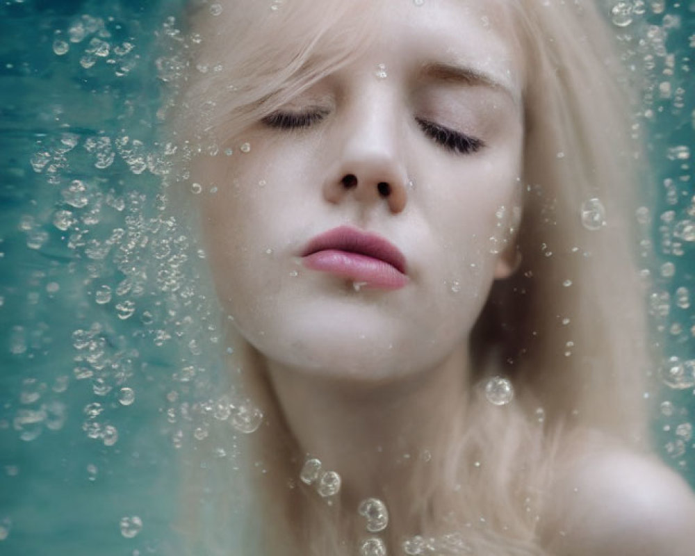 Pale-skinned person with blonde hair submerged in water with closed eyes and bubbles.
