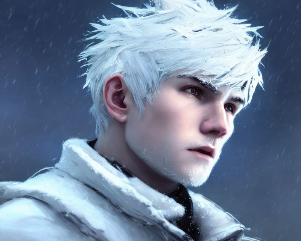 White-Haired Male Character Artwork in Snowy Setting