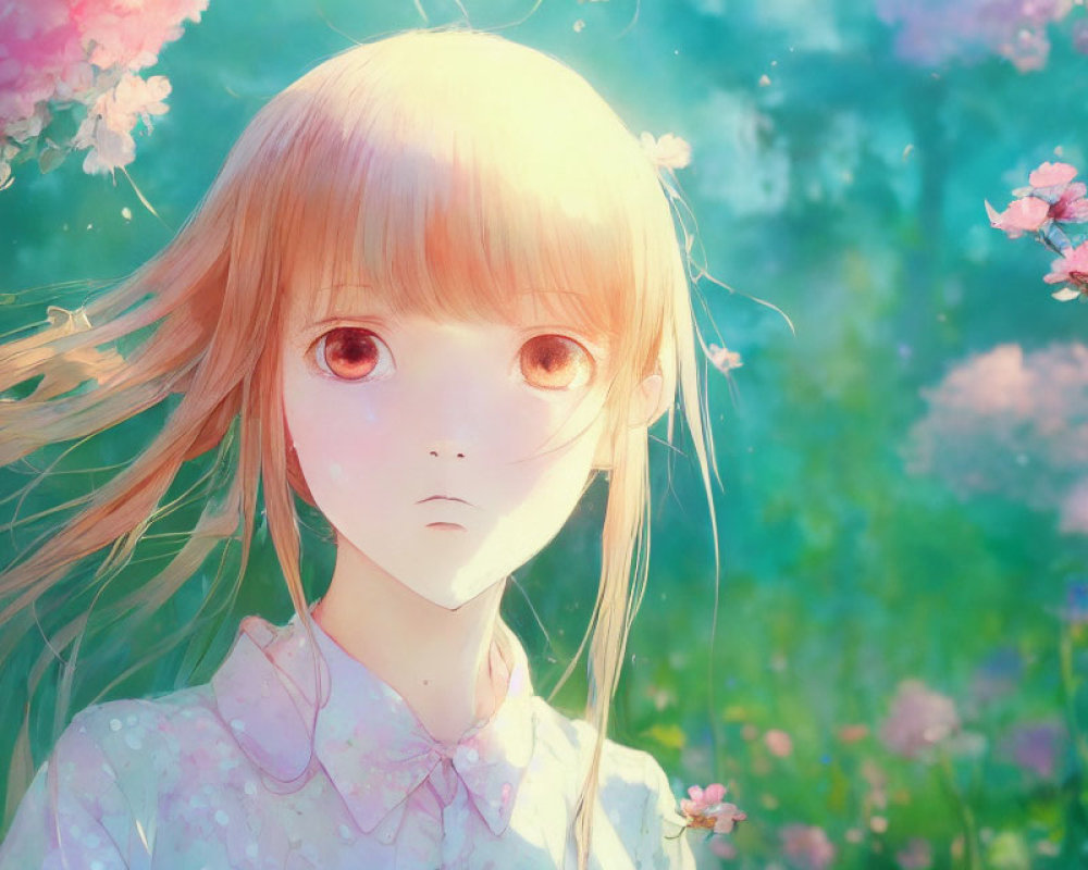 Girl with Large Eyes in Dreamy Floral Colors and Flowing Hair