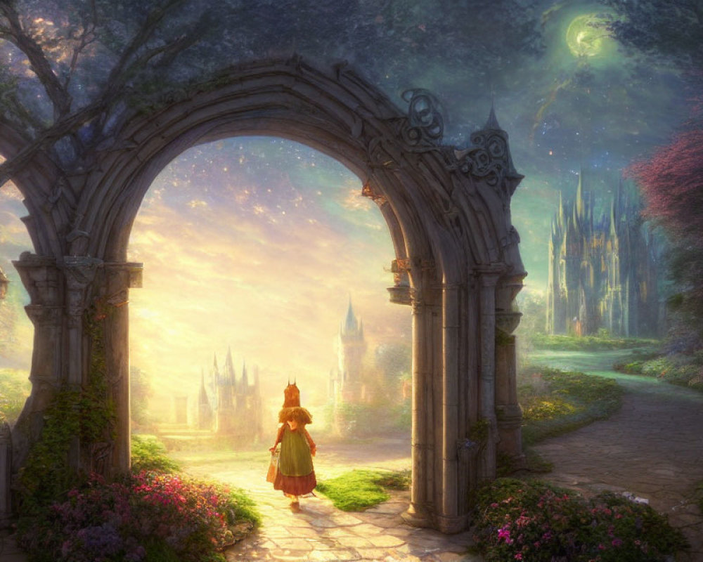 Person in Red Cloak Enters Magical Garden with Castle in Starry Sky