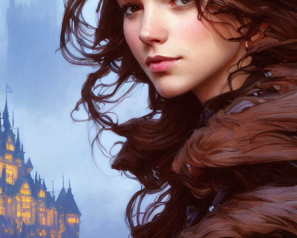 Digital artwork: Young woman in armor with flowing brown hair against misty castle backdrop