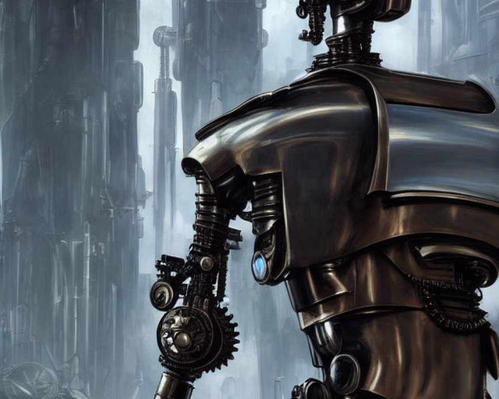Detailed illustration: Robot with humanoid features gazing at futuristic cityscape