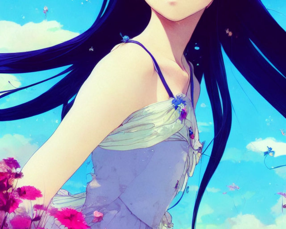 Anime girl with wide eyes in blue dress among pink flowers