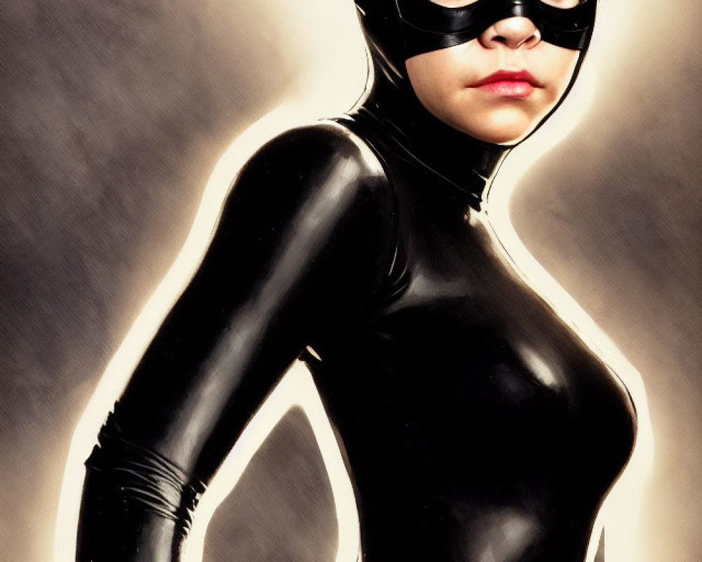 Person in Glossy Black Catsuit and Cat Mask with Intense Eyes