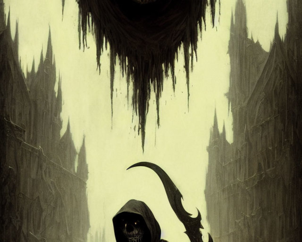 Cloaked figure with scythe in Gothic setting with skull and misty spires