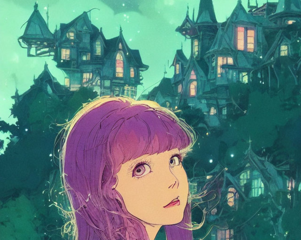 Whimsical illustration of wide-eyed girl with purple hair and starry sky