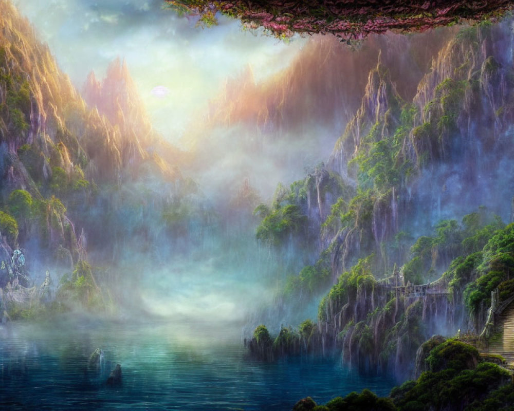 Misty mountain landscape with serene lake and carved cliff stairway