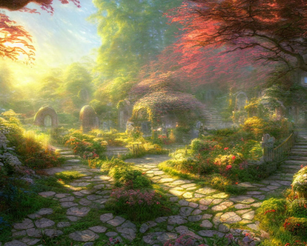 Colorful Trees and Stone Paths in Serene Garden