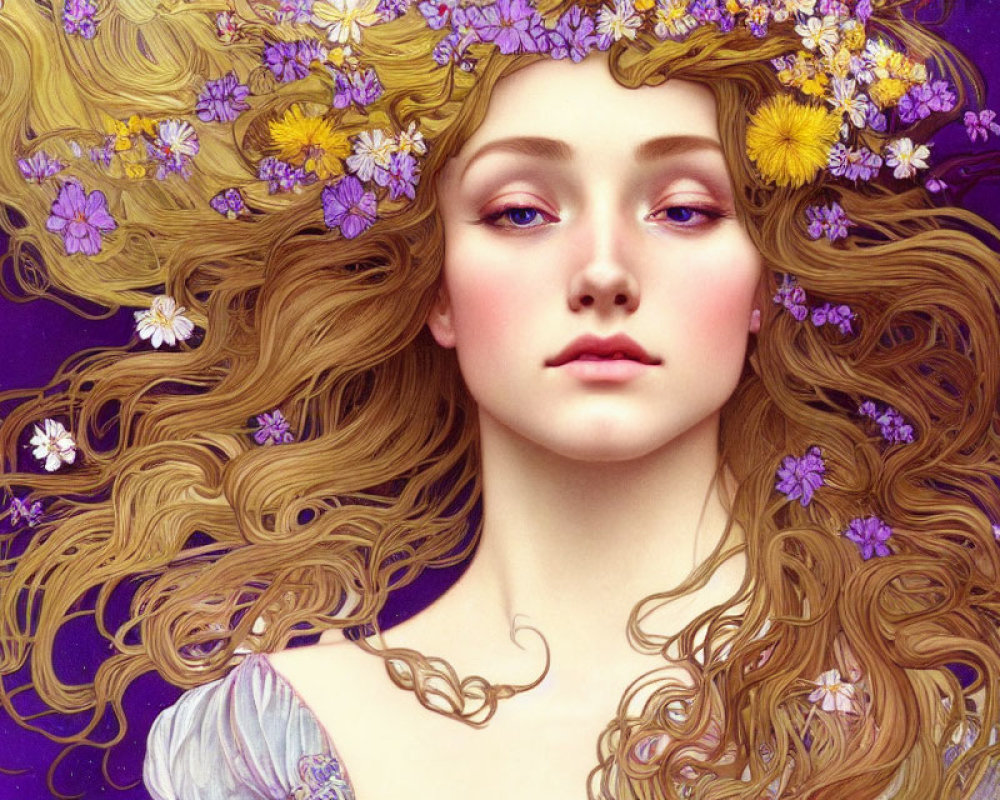 Illustration of woman with long golden hair and flowers on purple background
