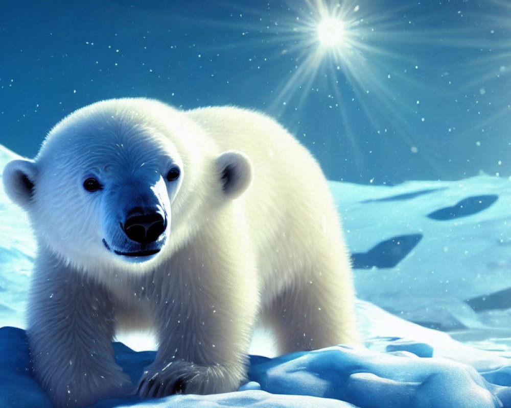 Young Polar Bear in Snowy Landscape Under Clear Blue Sky