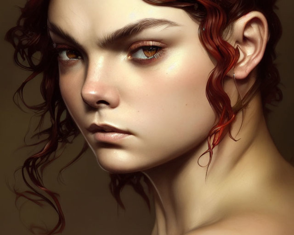 Digital portrait: Wavy red hair, golden-brown eyes, pale skin on beige background