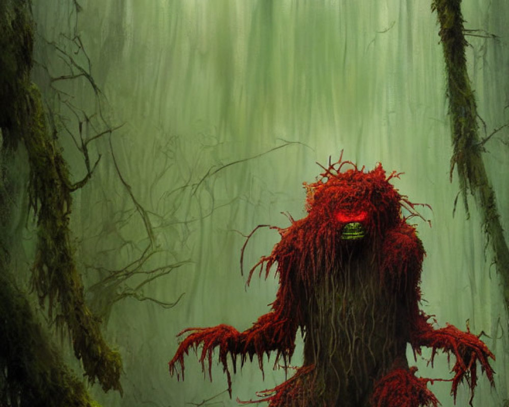 Red moss-covered creature in misty green forest with hanging moss