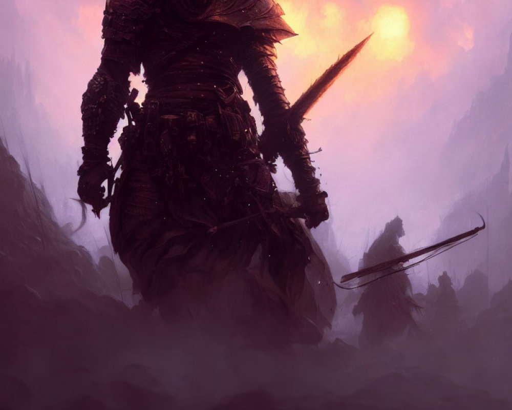 Mysterious figure in dark armor with floating sword in misty landscape
