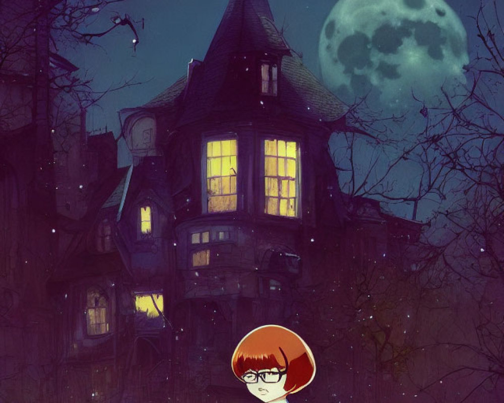 Illustration of red-haired girl with glasses and creature in front of spooky house under full moon