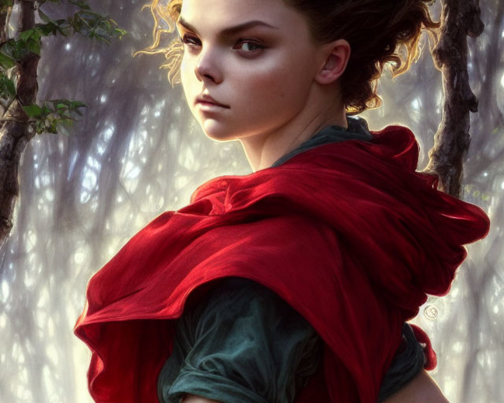 Digital artwork: Young woman in red cloak and green tunic in forest