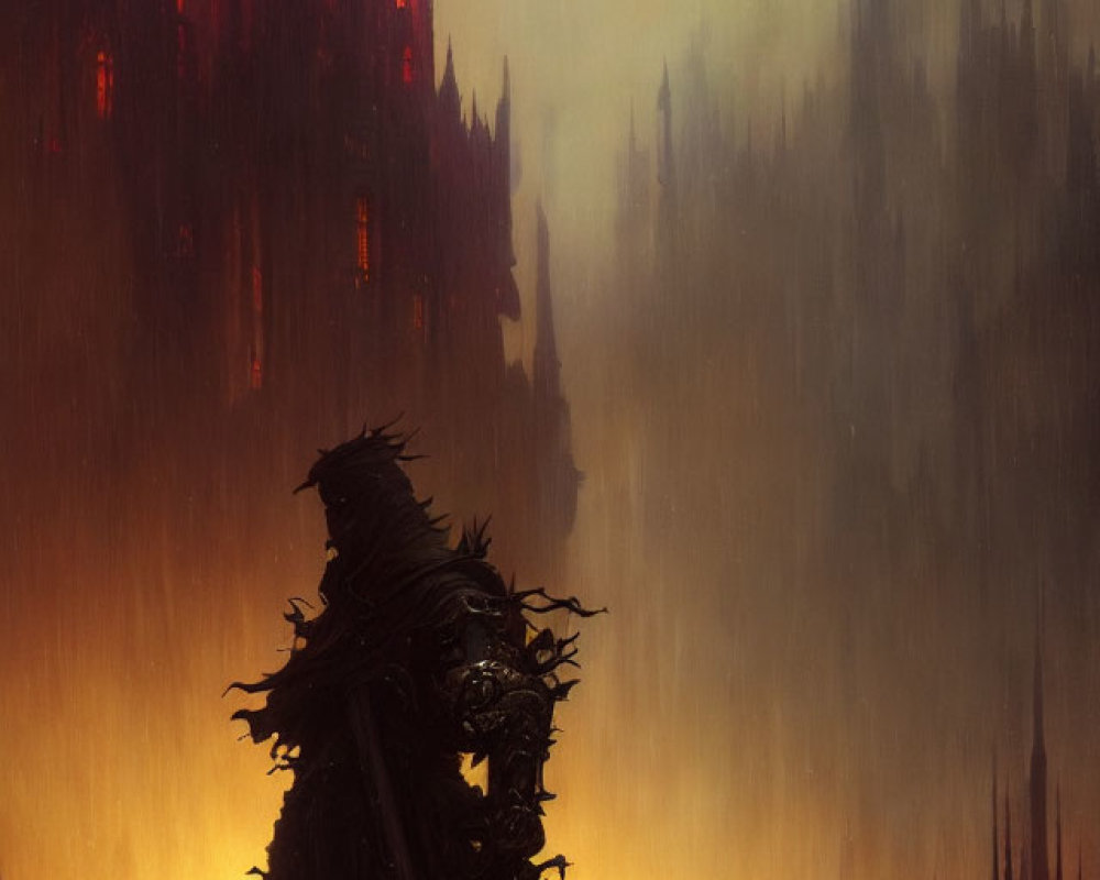 Mysterious cloaked figure in front of fiery landscape with dark spires