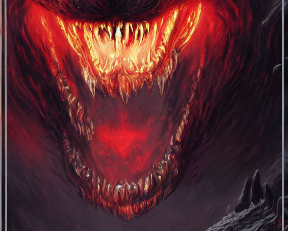 Fiery-eyed beast with glowing red eyes and sharp teeth