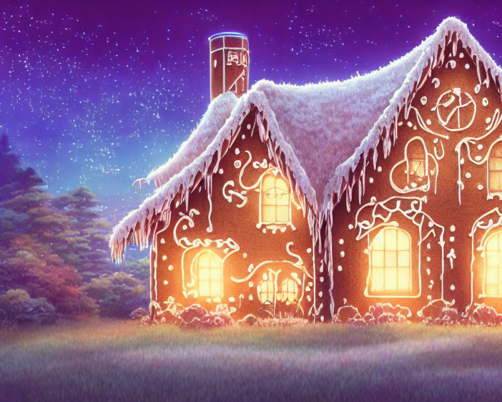 Illustration of snow-covered gingerbread house under starry sky