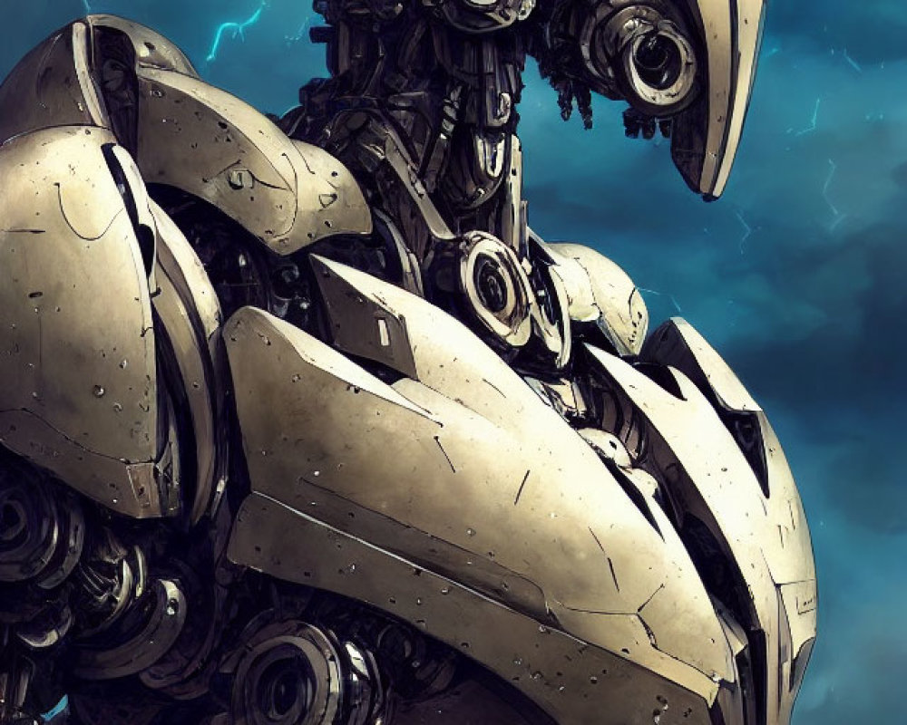 Detailed Mechanical Robot with Red Eye in Stormy Sky