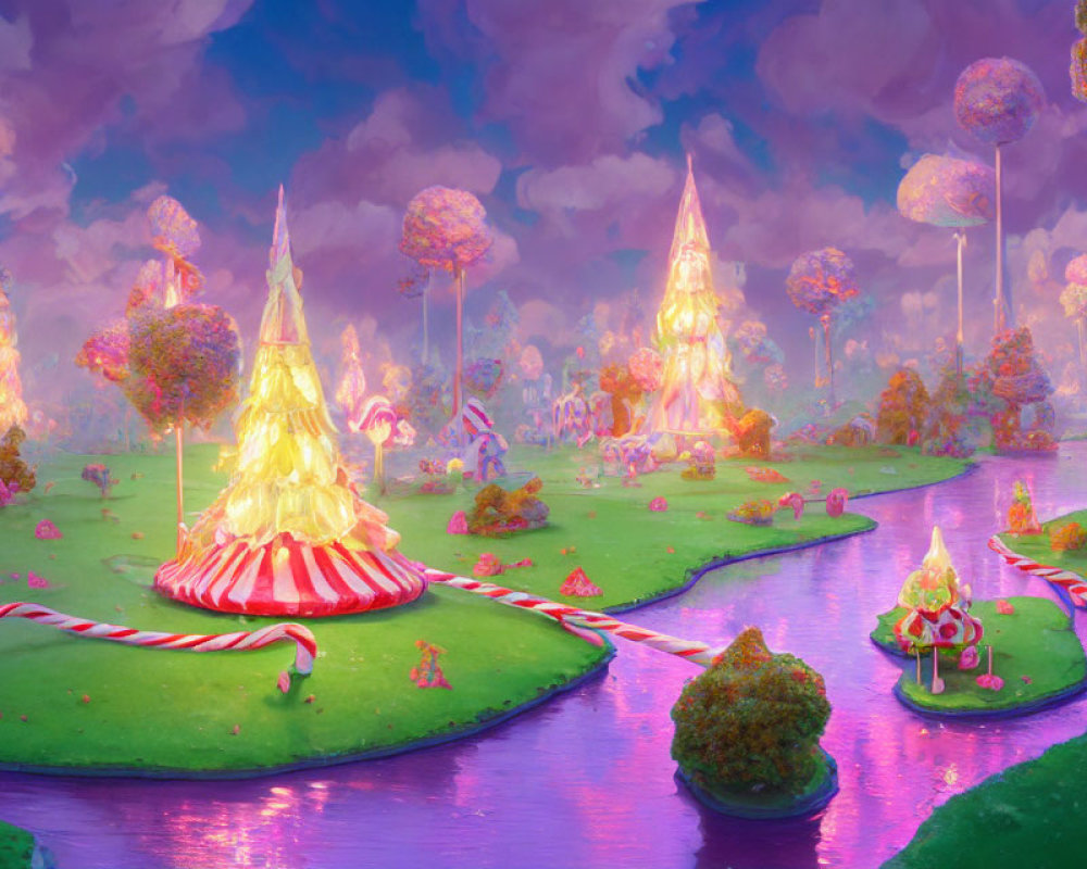 Colorful Candy-Themed Landscape with Glowing Tents and Rivers