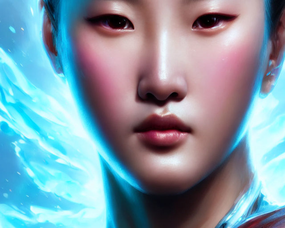 Digital painting: Woman with glowing red eyes, blue light aura, and flowing neck lines