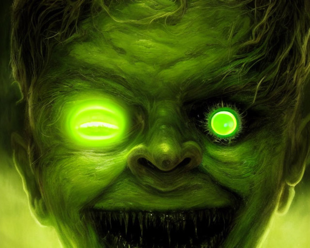 Sinister creature with glowing green eyes and monstrous grin on misty green background