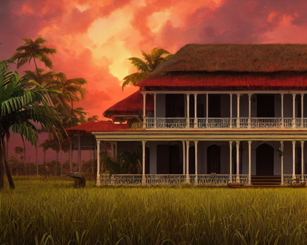 Two-story house with red roof and wooden balcony in tropical setting at sunset