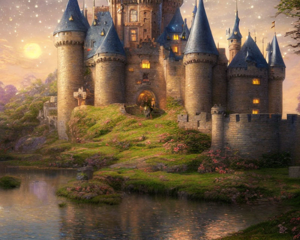 Majestic castle on lush hill with towers, spires, tranquil lake, sunset, stars