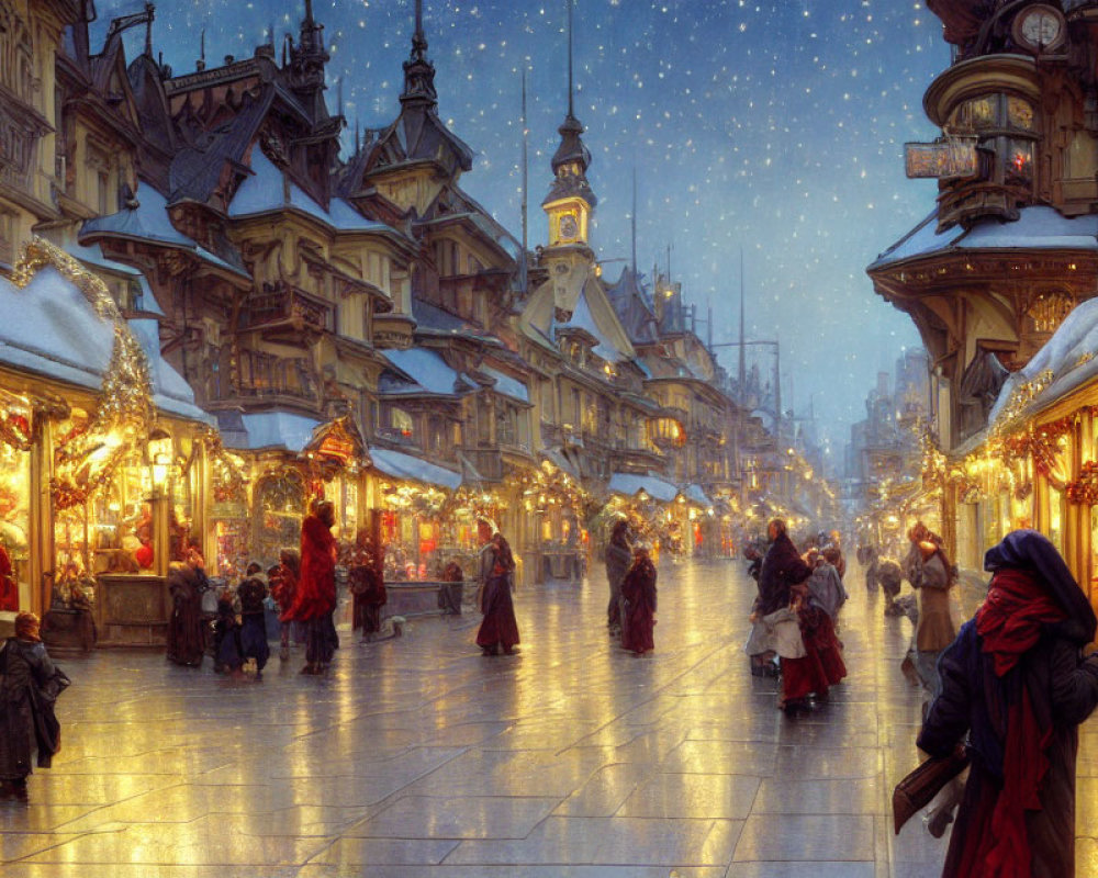 Festive Holiday Market at Dusk with Snowy Ambiance