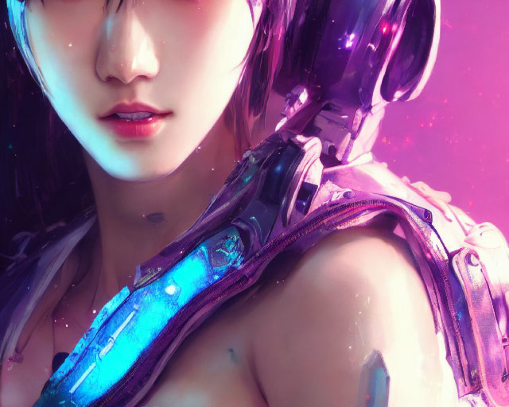Female character with black hair and red eyes in futuristic purple armor on pink background