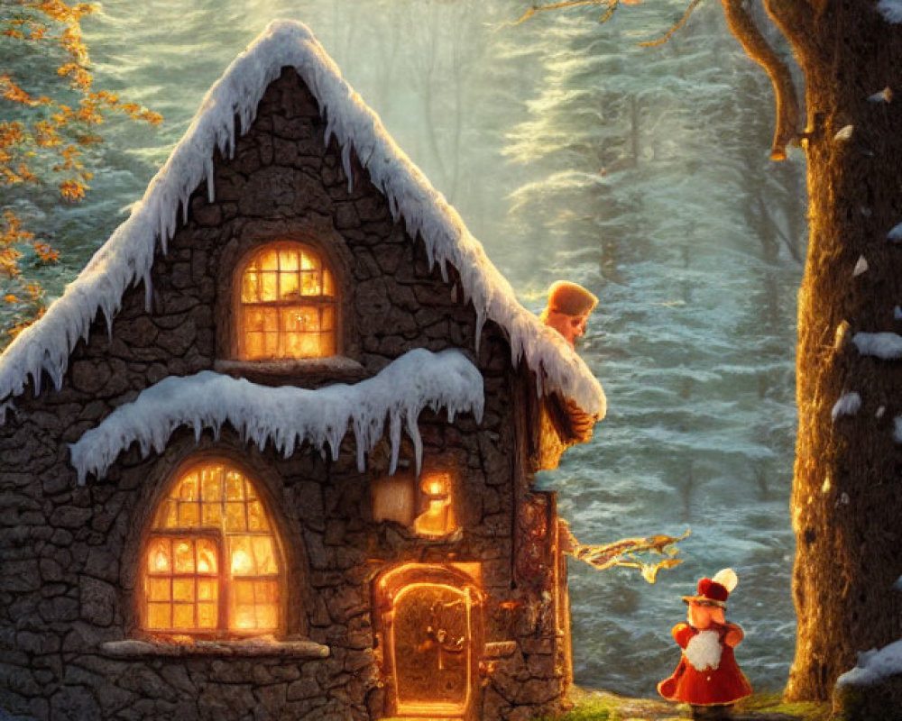 Stone cottage in serene forest with snow-covered roof, child, and snowman