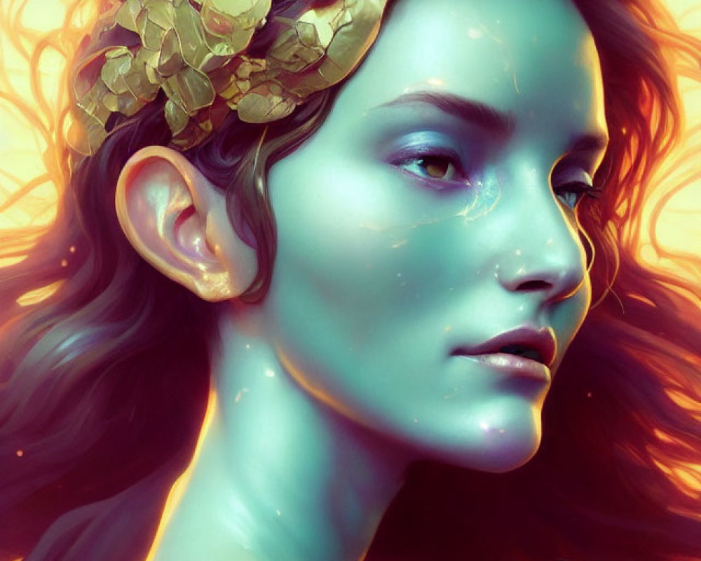 Digital artwork: Woman with flowing hair and leafy headpiece, warm hues, surreal quality