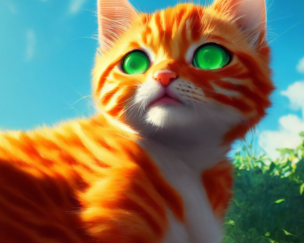 Orange Tabby Cat with Green Eyes Against Blue Sky and Clouds
