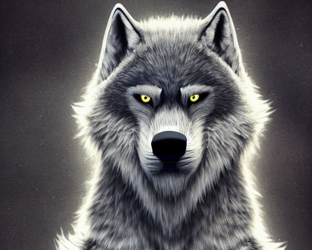 Grey Wolf Digital Illustration with Yellow Eyes on Dark Background