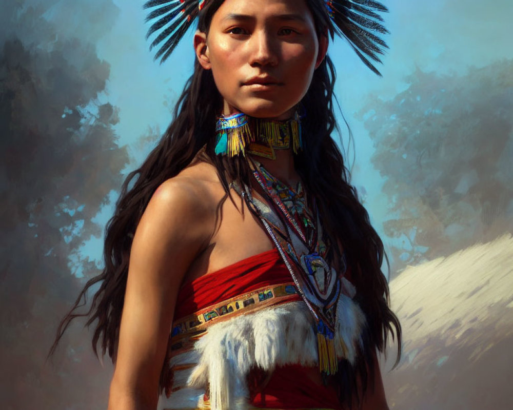 Portrait of young woman in Native American attire against soft background